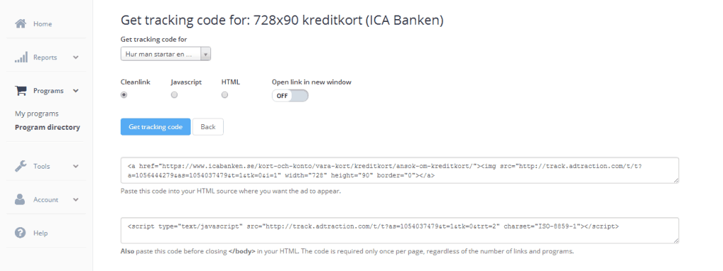 Trackingcode på Adtraction
